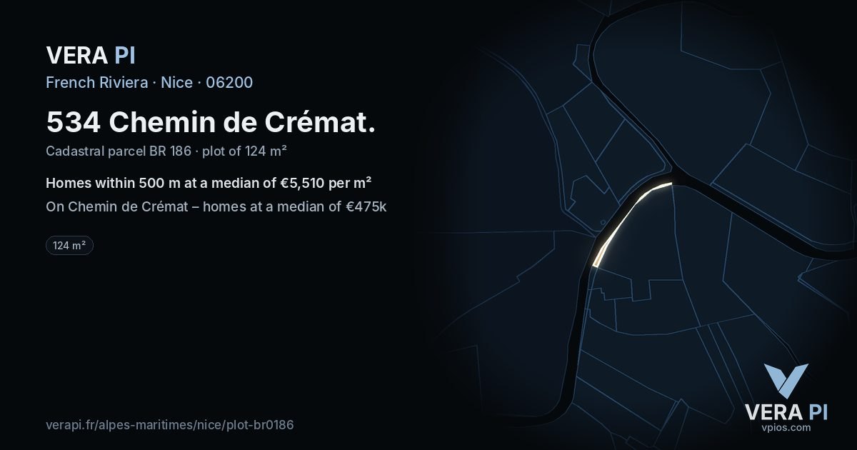 534 Chemin de Crémat, Nice at night – the plot lit, the parcels around coloured by the prices near them