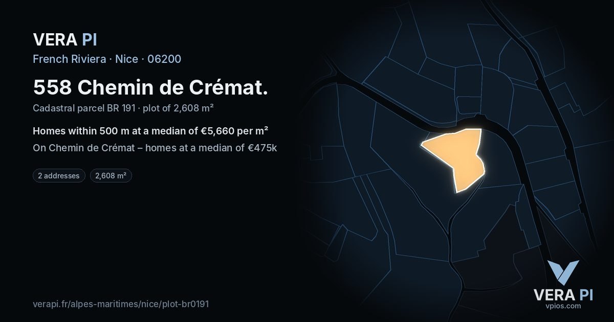 558 Chemin de Crémat, Nice at night – the plot lit, the parcels around coloured by the prices near them