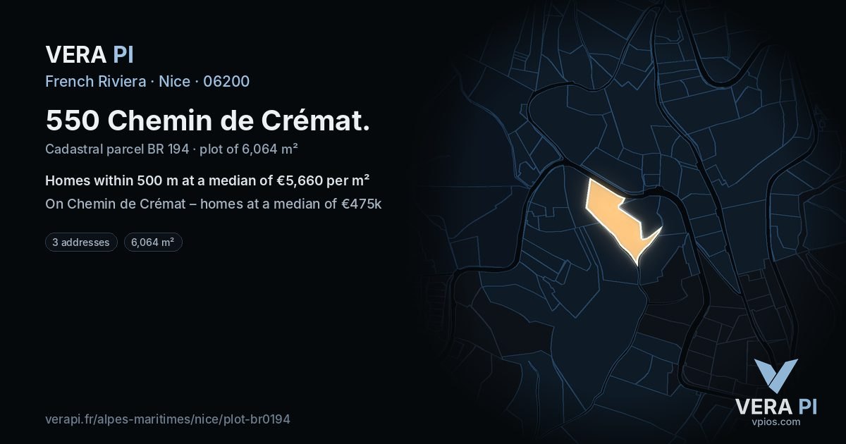 550 Chemin de Crémat, Nice at night – the plot lit, the parcels around coloured by the prices near them