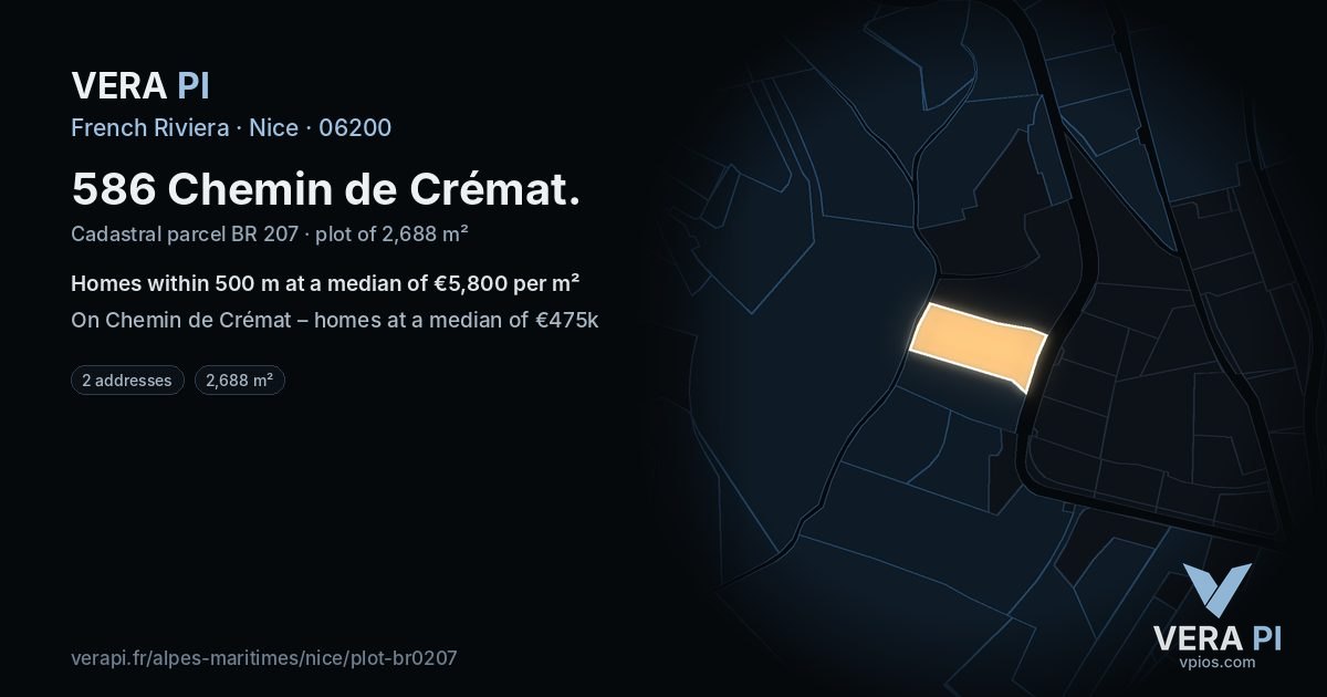 586 Chemin de Crémat, Nice at night – the plot lit, the parcels around coloured by the prices near them