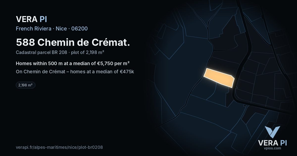 588 Chemin de Crémat, Nice at night – the plot lit, the parcels around coloured by the prices near them