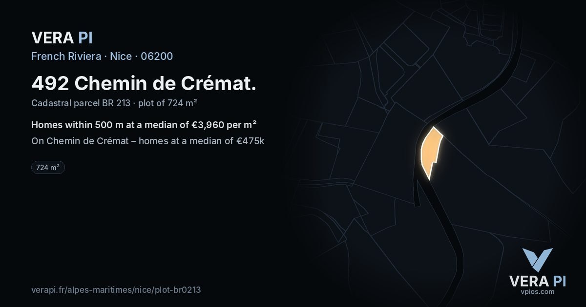 492 Chemin de Crémat, Nice at night – the plot lit, the parcels around coloured by the prices near them