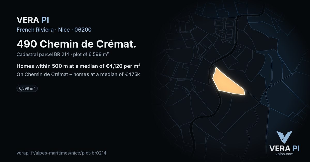 490 Chemin de Crémat, Nice at night – the plot lit, the parcels around coloured by the prices near them