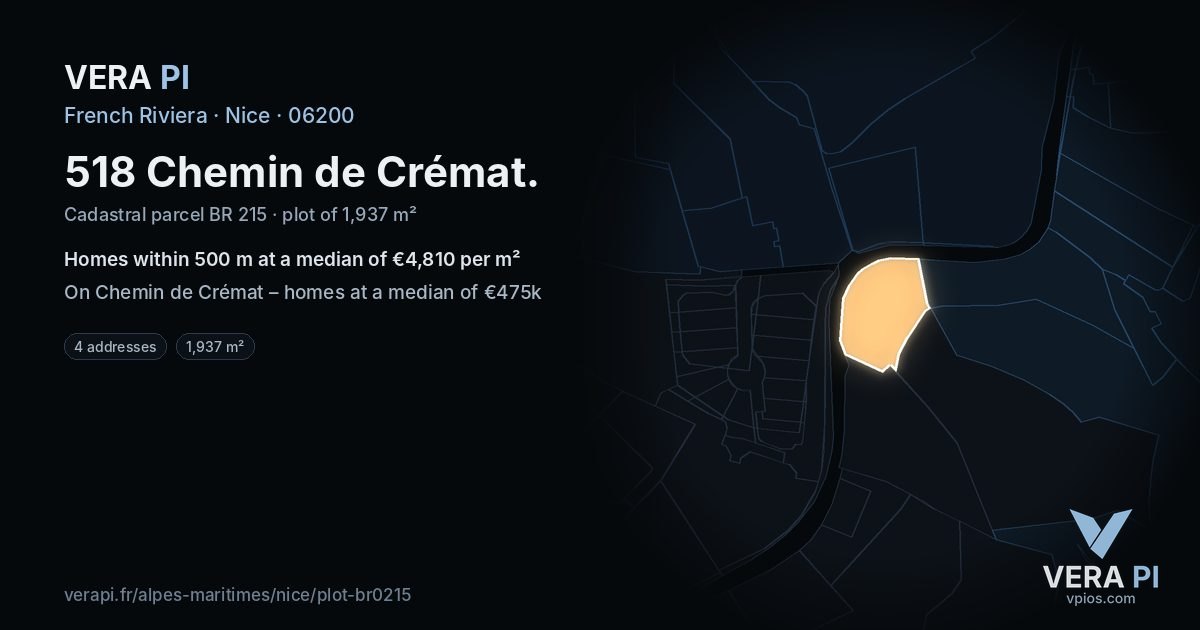 518 Chemin de Crémat, Nice at night – the plot lit, the parcels around coloured by the prices near them
