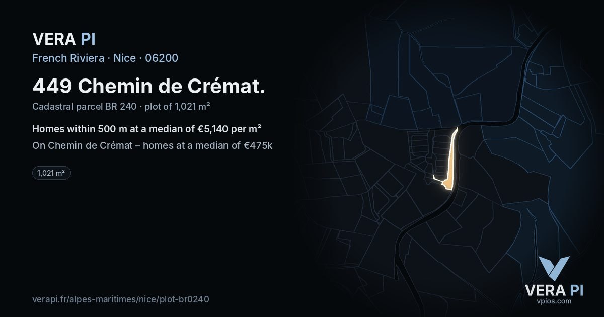 449 Chemin de Crémat, Nice at night – the plot lit, the parcels around coloured by the prices near them