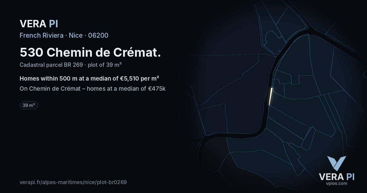 530 Chemin de Crémat, Nice at night – the plot lit, the parcels around coloured by the prices near them