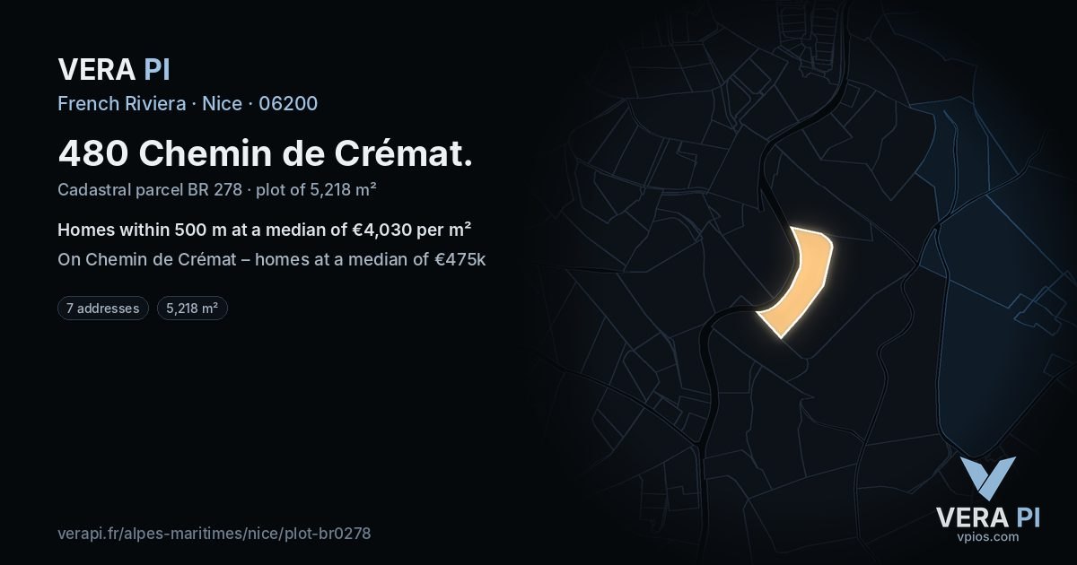 480 Chemin de Crémat, Nice at night – the plot lit, the parcels around coloured by the prices near them