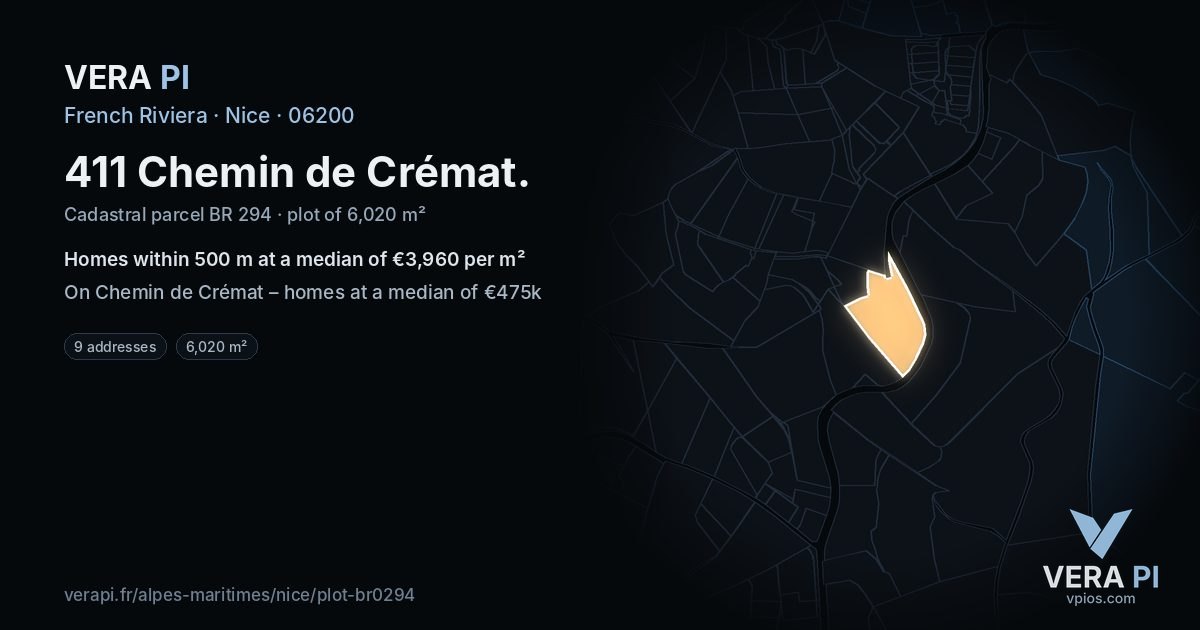 411 Chemin de Crémat, Nice at night – the plot lit, the parcels around coloured by the prices near them