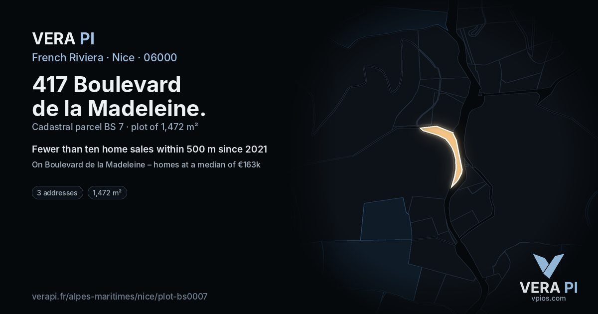 417 Boulevard de la Madeleine, Nice at night – the plot lit, the parcels around coloured by the prices near them