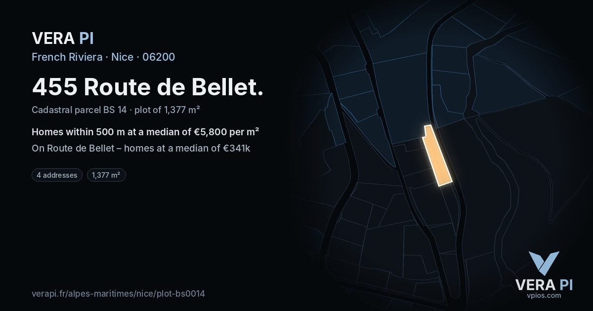 455 Route de Bellet, Nice at night – the plot lit, the parcels around coloured by the prices near them