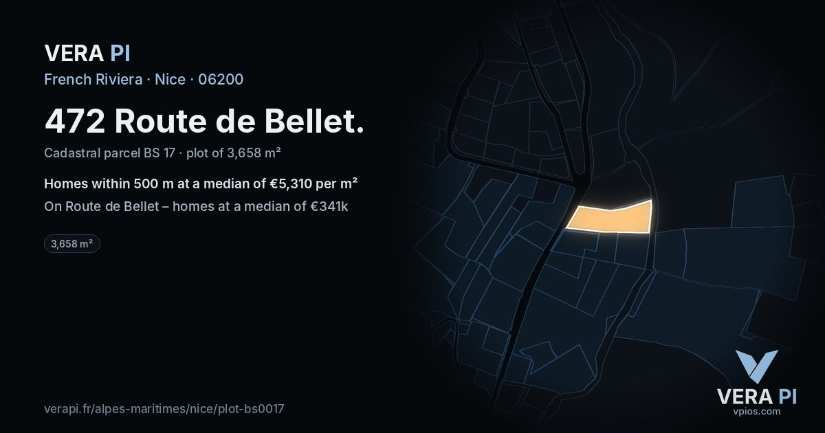 472 Route de Bellet, Nice at night – the plot lit, the parcels around coloured by the prices near them