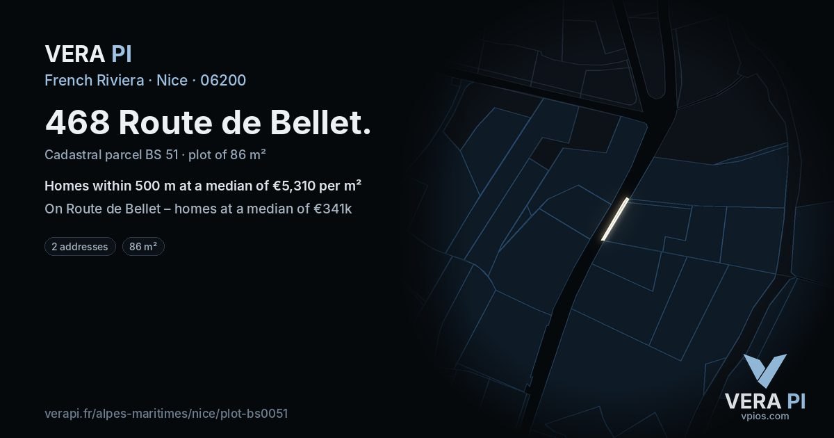468 Route de Bellet, Nice at night – the plot lit, the parcels around coloured by the prices near them
