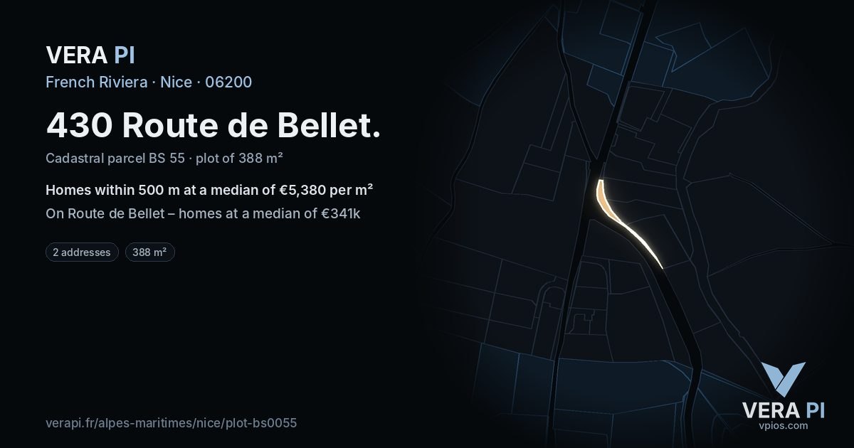 430 Route de Bellet, Nice at night – the plot lit, the parcels around coloured by the prices near them