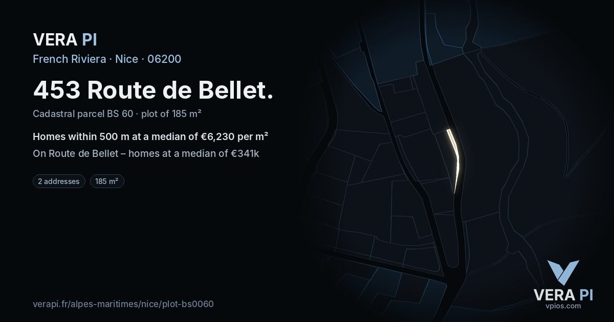 453 Route de Bellet, Nice at night – the plot lit, the parcels around coloured by the prices near them