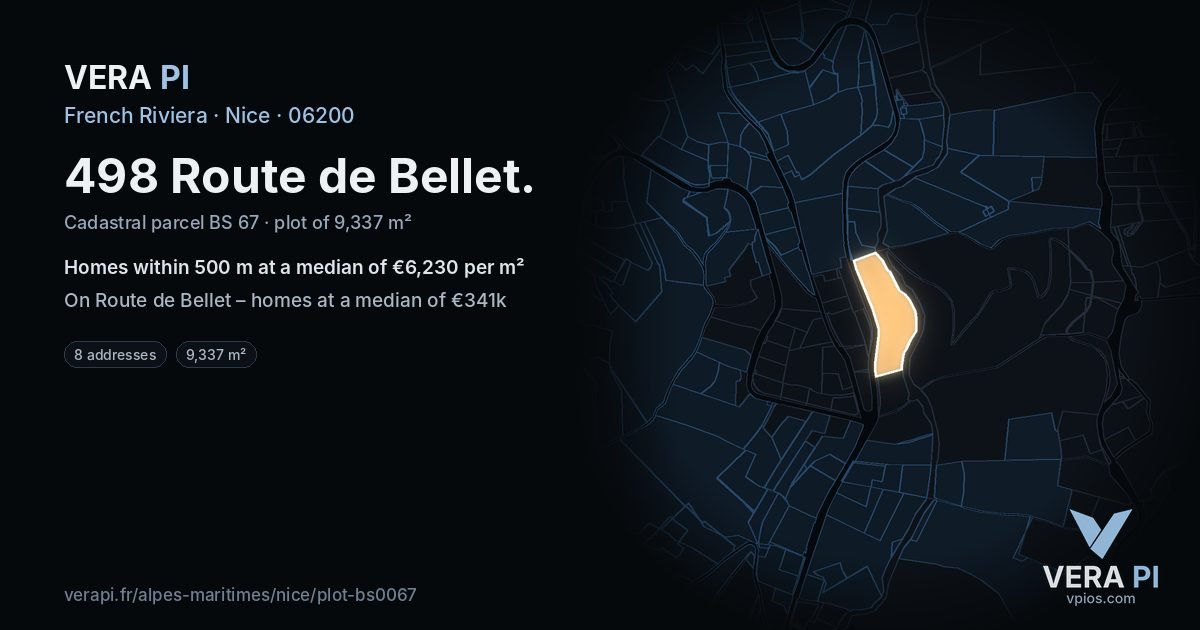 498 Route de Bellet, Nice at night – the plot lit, the parcels around coloured by the prices near them
