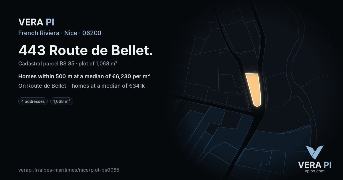 443 Route de Bellet, Nice at night – the plot lit, the parcels around coloured by the prices near them