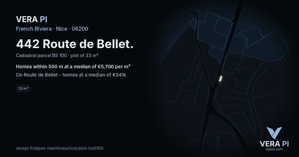 442 Route de Bellet, Nice at night – the plot lit, the parcels around coloured by the prices near them