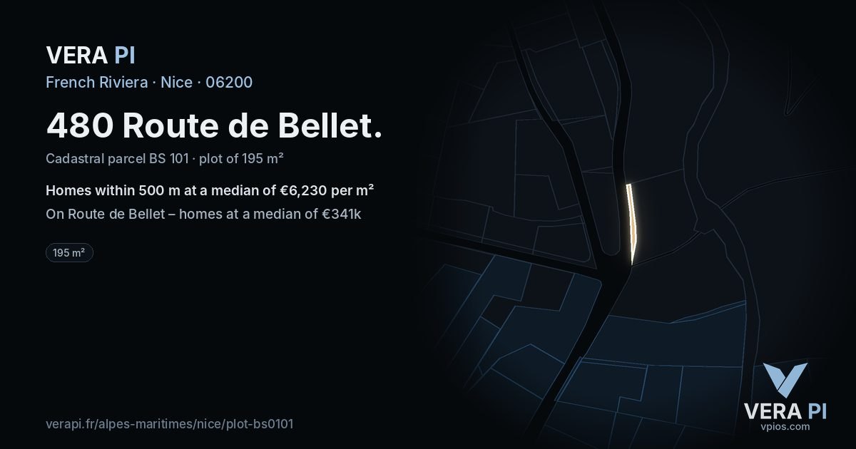 480 Route de Bellet, Nice at night – the plot lit, the parcels around coloured by the prices near them