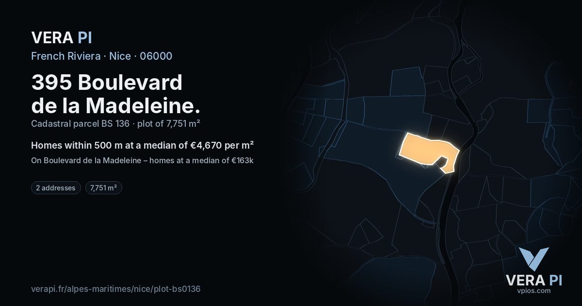 395 Boulevard de la Madeleine, Nice at night – the plot lit, the parcels around coloured by the prices near them