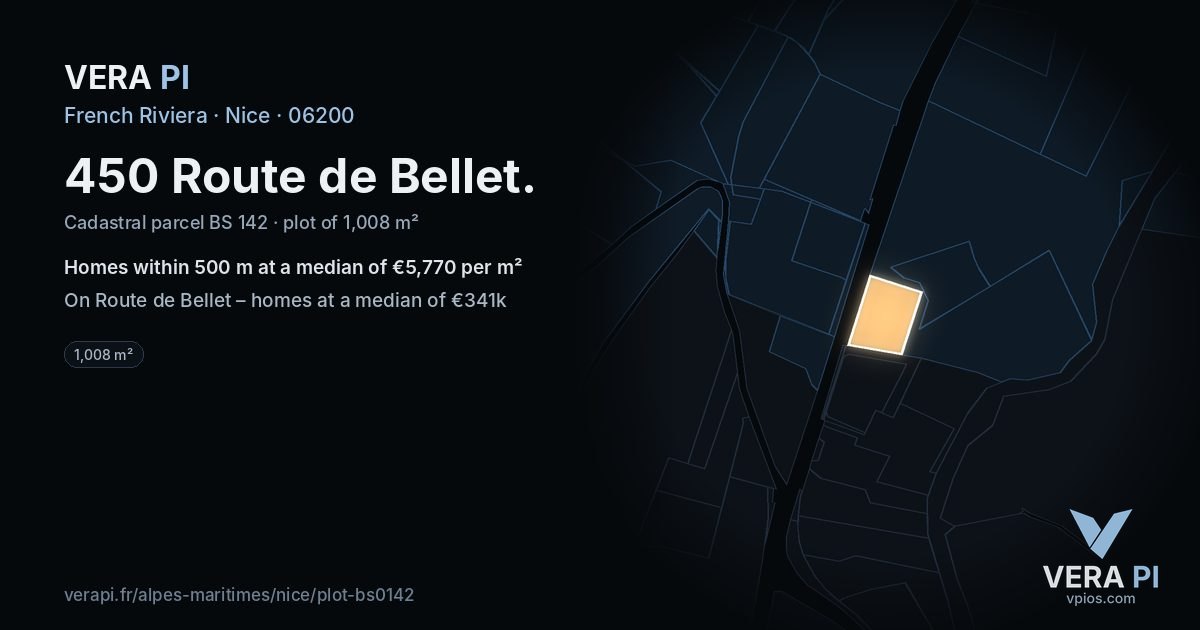 450 Route de Bellet, Nice at night – the plot lit, the parcels around coloured by the prices near them