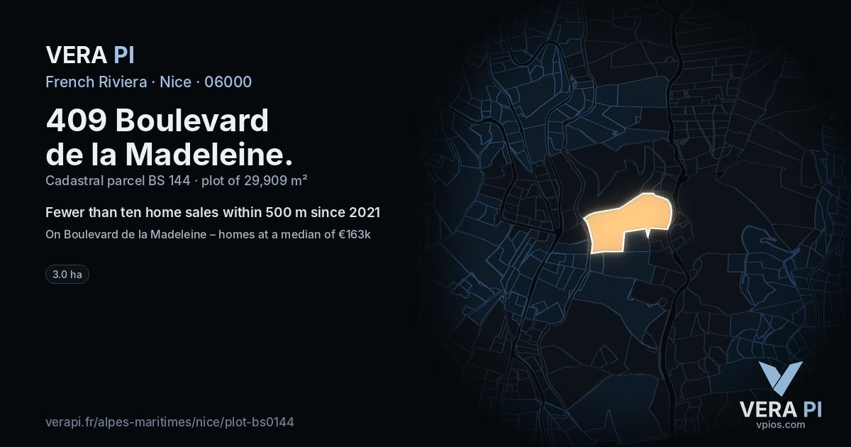 409 Boulevard de la Madeleine, Nice at night – the plot lit, the parcels around coloured by the prices near them