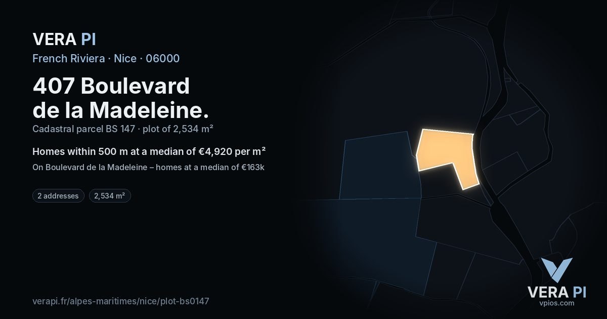 407 Boulevard de la Madeleine, Nice at night – the plot lit, the parcels around coloured by the prices near them