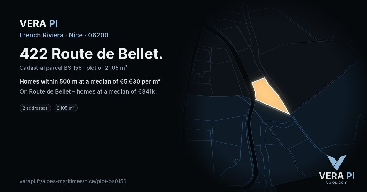 422 Route de Bellet, Nice at night – the plot lit, the parcels around coloured by the prices near them