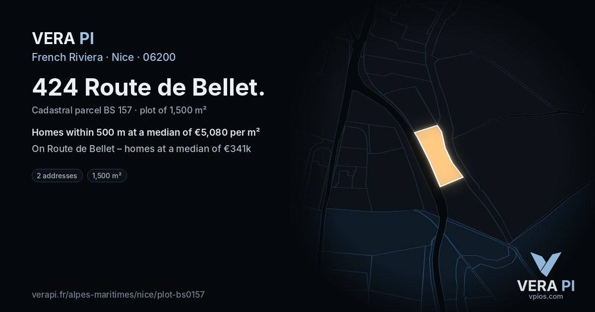 424 Route de Bellet, Nice at night – the plot lit, the parcels around coloured by the prices near them