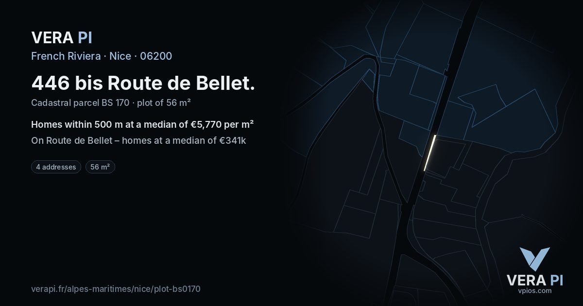 446 bis Route de Bellet, Nice at night – the plot lit, the parcels around coloured by the prices near them