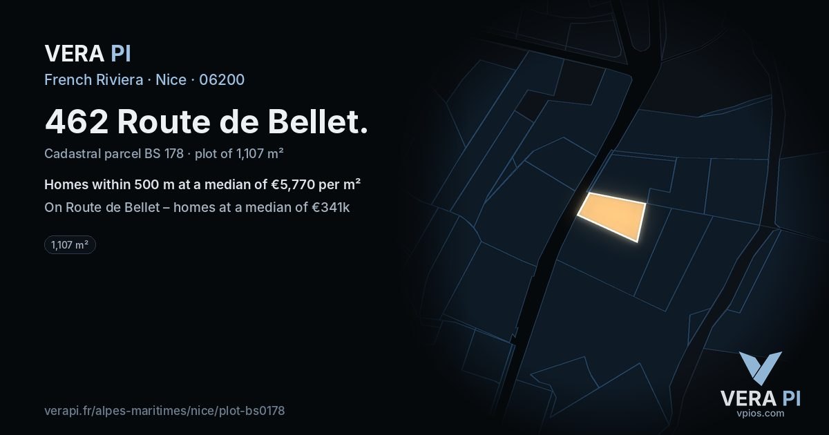 462 Route de Bellet, Nice at night – the plot lit, the parcels around coloured by the prices near them