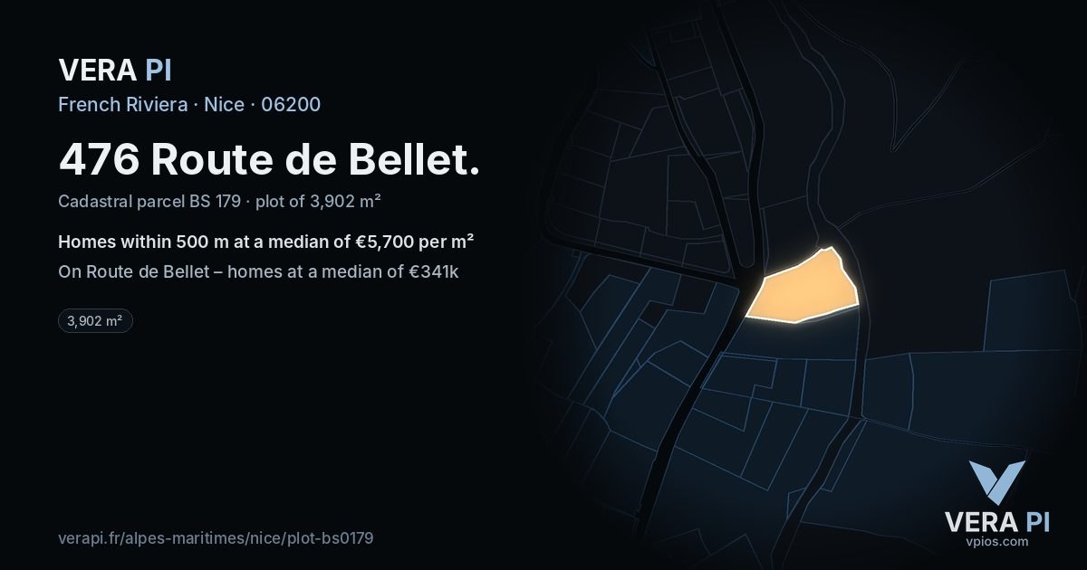 476 Route de Bellet, Nice at night – the plot lit, the parcels around coloured by the prices near them