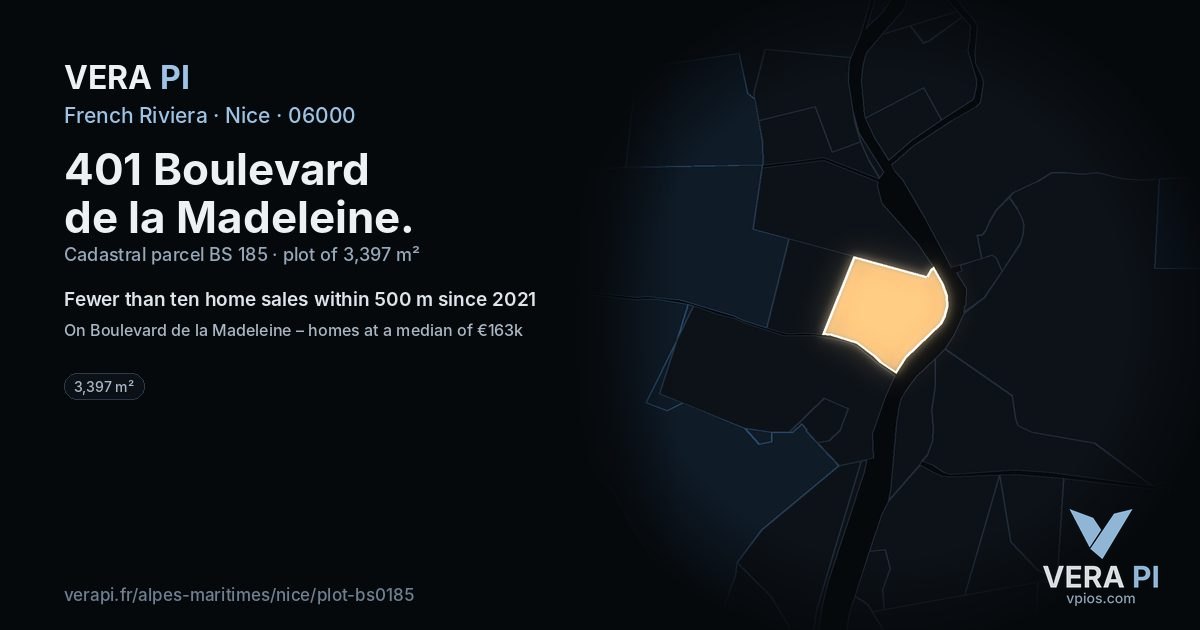 401 Boulevard de la Madeleine, Nice at night – the plot lit, the parcels around coloured by the prices near them