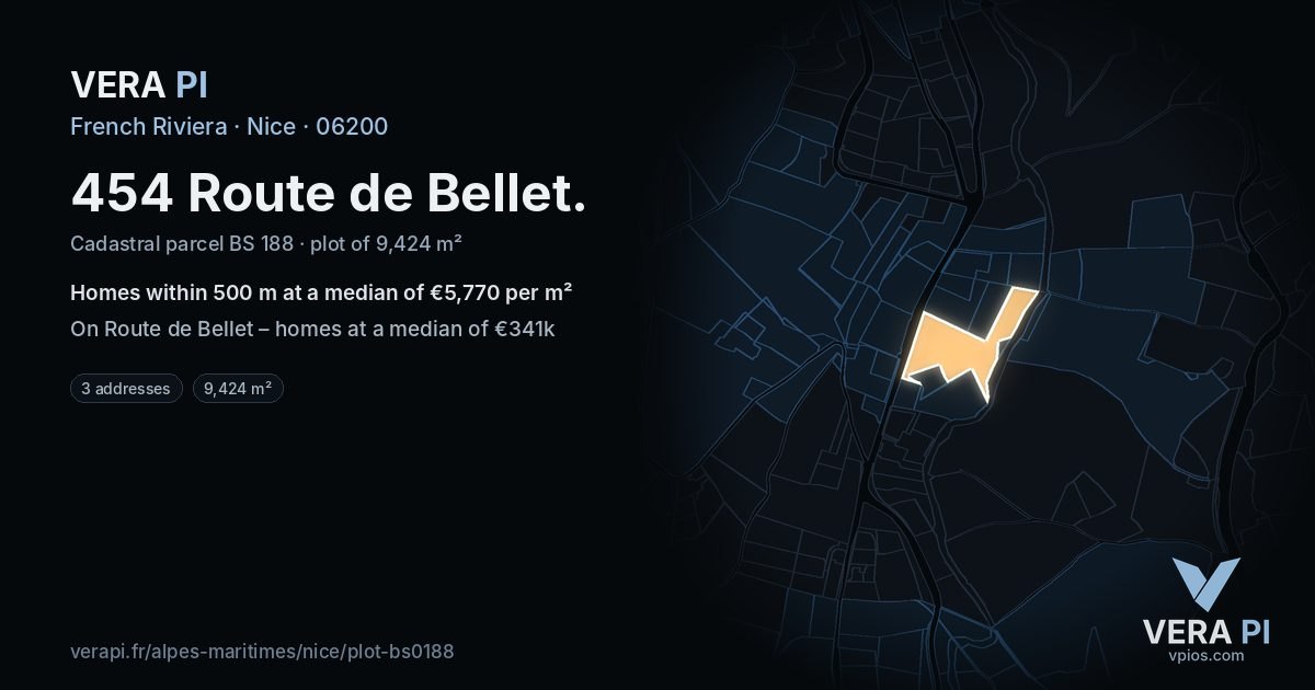 454 Route de Bellet, Nice at night – the plot lit, the parcels around coloured by the prices near them