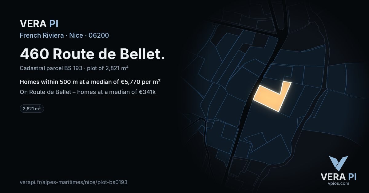 460 Route de Bellet, Nice at night – the plot lit, the parcels around coloured by the prices near them