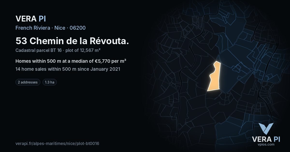 53 Chemin de la Révouta, Nice at night – the plot lit, the parcels around coloured by the prices near them