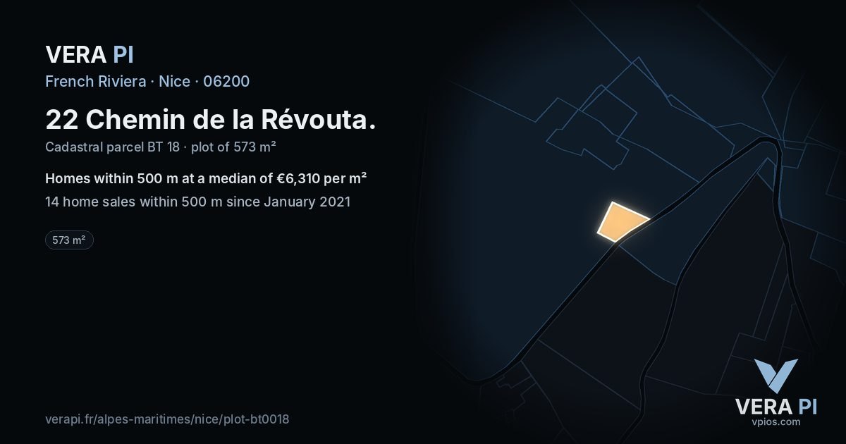 22 Chemin de la Révouta, Nice at night – the plot lit, the parcels around coloured by the prices near them