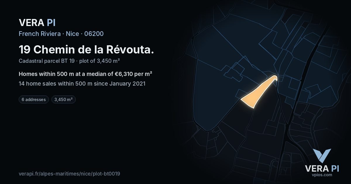 19 Chemin de la Révouta, Nice at night – the plot lit, the parcels around coloured by the prices near them