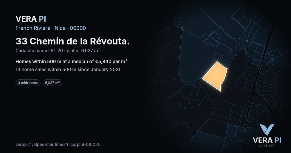 33 Chemin de la Révouta, Nice at night – the plot lit, the parcels around coloured by the prices near them