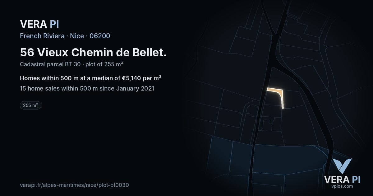 56 Vieux Chemin de Bellet, Nice at night – the plot lit, the parcels around coloured by the prices near them