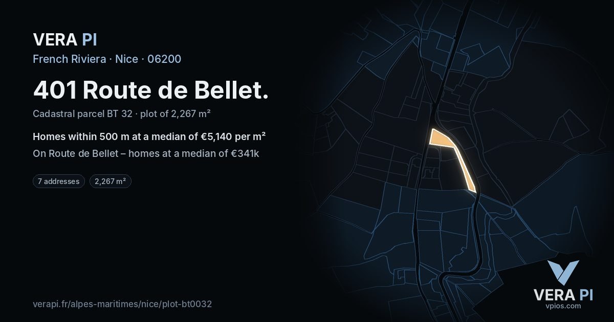 401 Route de Bellet, Nice at night – the plot lit, the parcels around coloured by the prices near them