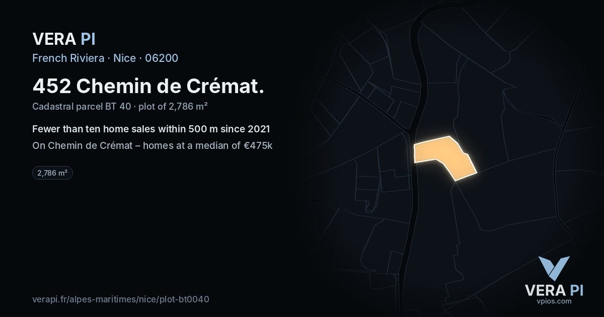 452 Chemin de Crémat, Nice at night – the plot lit, the parcels around coloured by the prices near them