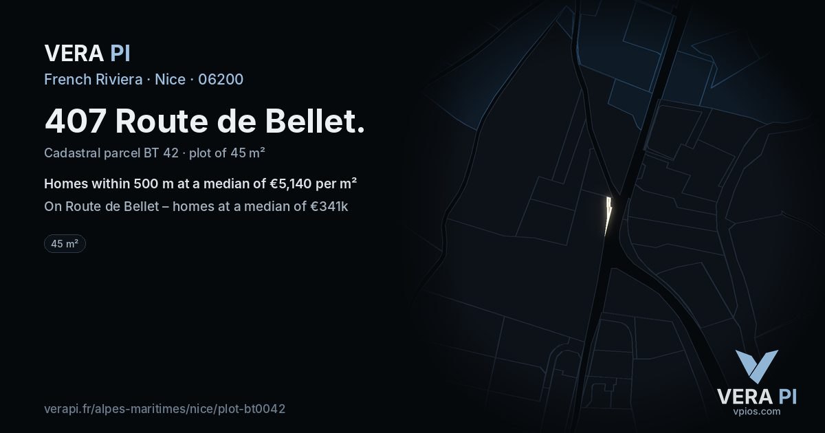 407 Route de Bellet, Nice at night – the plot lit, the parcels around coloured by the prices near them