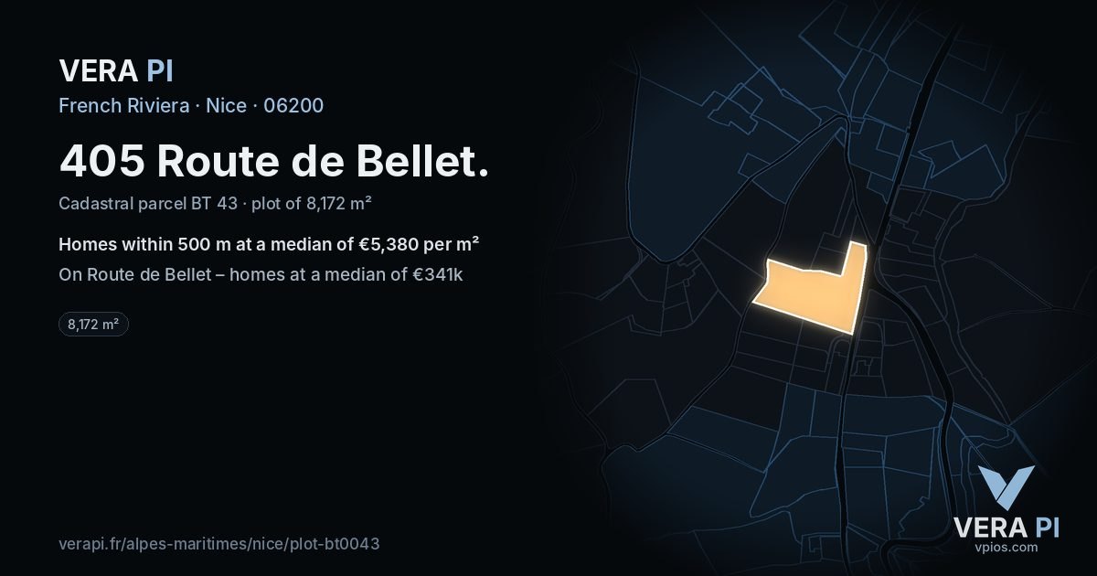 405 Route de Bellet, Nice at night – the plot lit, the parcels around coloured by the prices near them