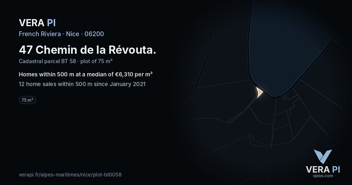 47 Chemin de la Révouta, Nice at night – the plot lit, the parcels around coloured by the prices near them