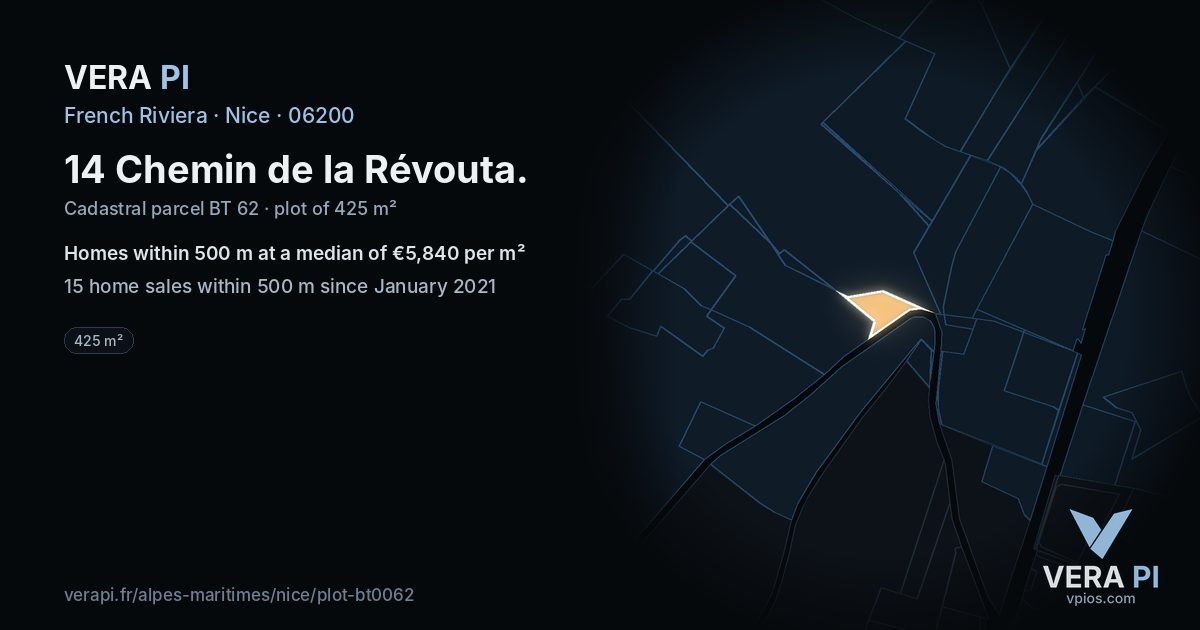 14 Chemin de la Révouta, Nice at night – the plot lit, the parcels around coloured by the prices near them