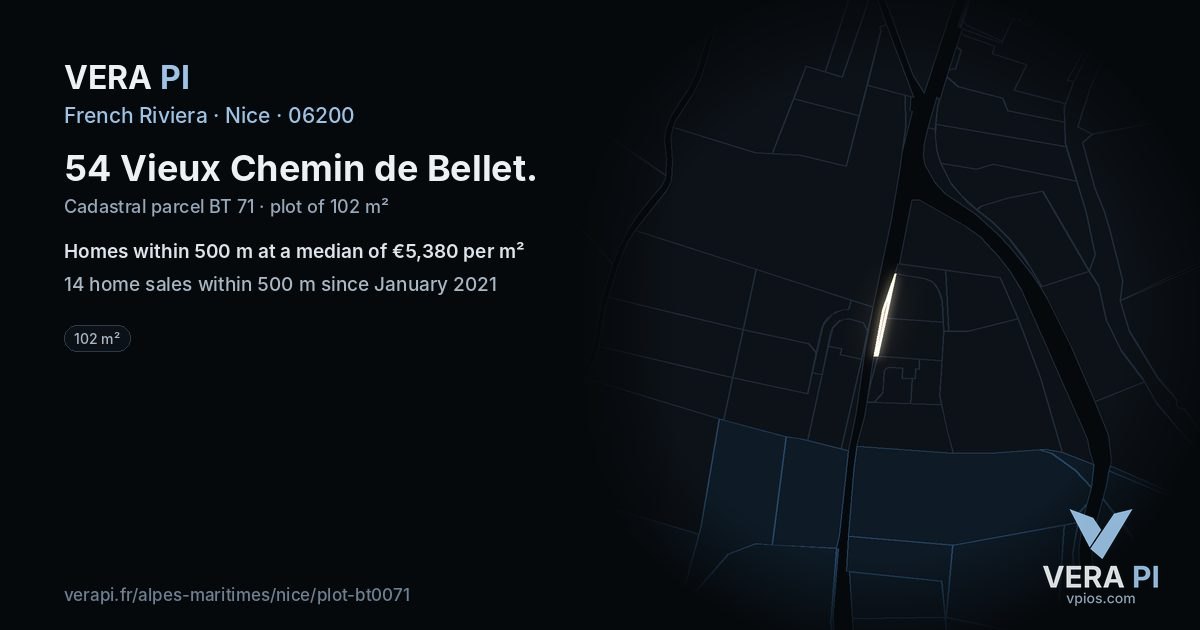 54 Vieux Chemin de Bellet, Nice at night – the plot lit, the parcels around coloured by the prices near them