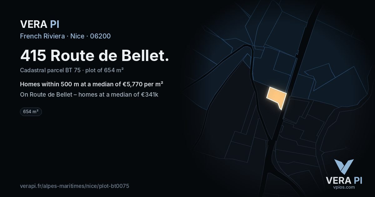 415 Route de Bellet, Nice at night – the plot lit, the parcels around coloured by the prices near them