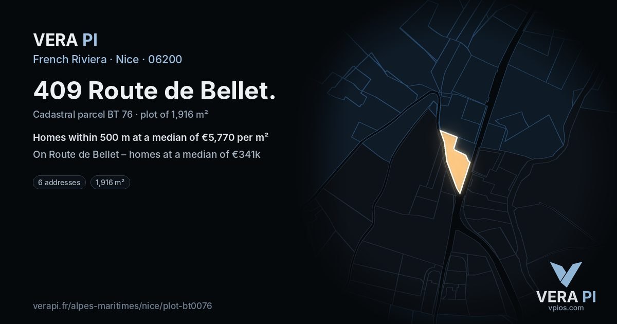 409 Route de Bellet, Nice at night – the plot lit, the parcels around coloured by the prices near them