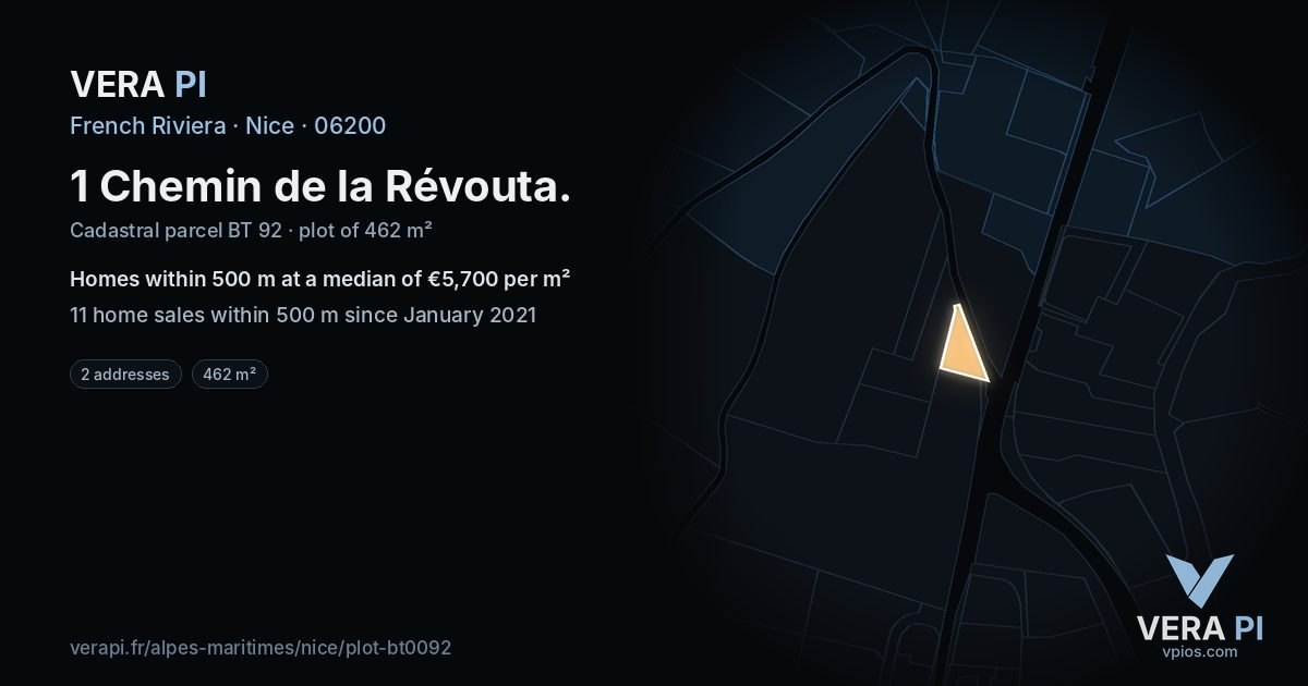 1 Chemin de la Révouta, Nice at night – the plot lit, the parcels around coloured by the prices near them