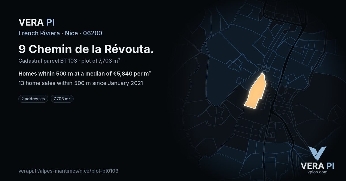 9 Chemin de la Révouta, Nice at night – the plot lit, the parcels around coloured by the prices near them